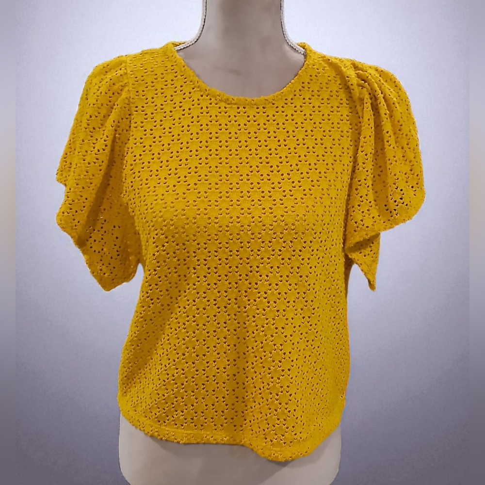 Texture & Thread Madewell Yellow Crochet Flutter Sleeves Womans Blouse Medium